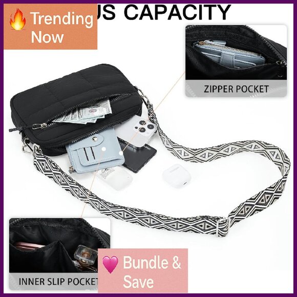 Lightweight Puffer Crossbody Bag with Guitar Strap for Travel